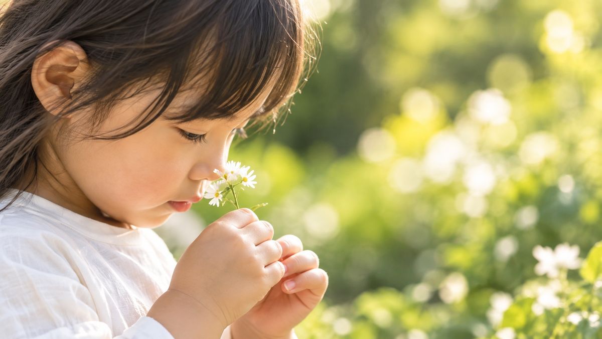 小さな白い花をそっと見つめる子ども