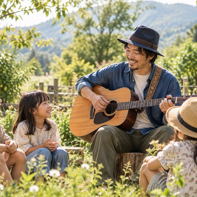 ギターを弾く男性と、耳を傾ける子どもたち