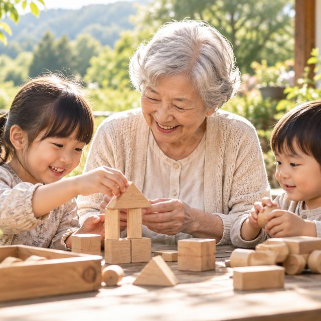 木のおもちゃで遊ぶシニアの女性と子どもたち