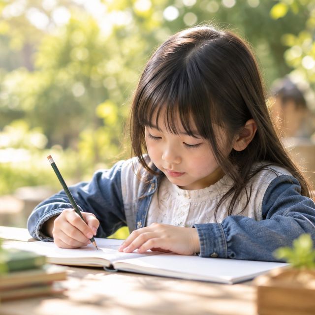 木のテーブルでノートに書き込む女の子