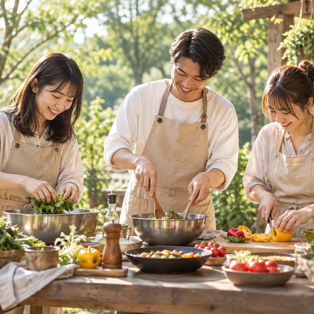 屋外のキッチンで一緒に料理をする人たち