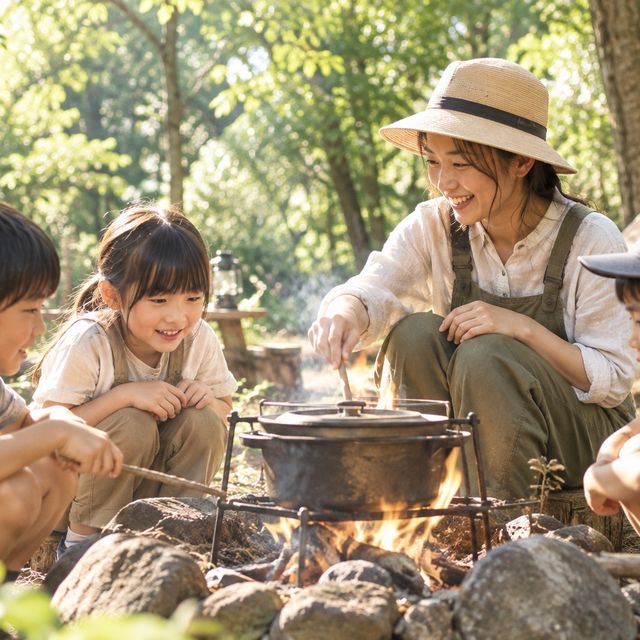 森のキャンプ場でたき火を囲む子どもと大人