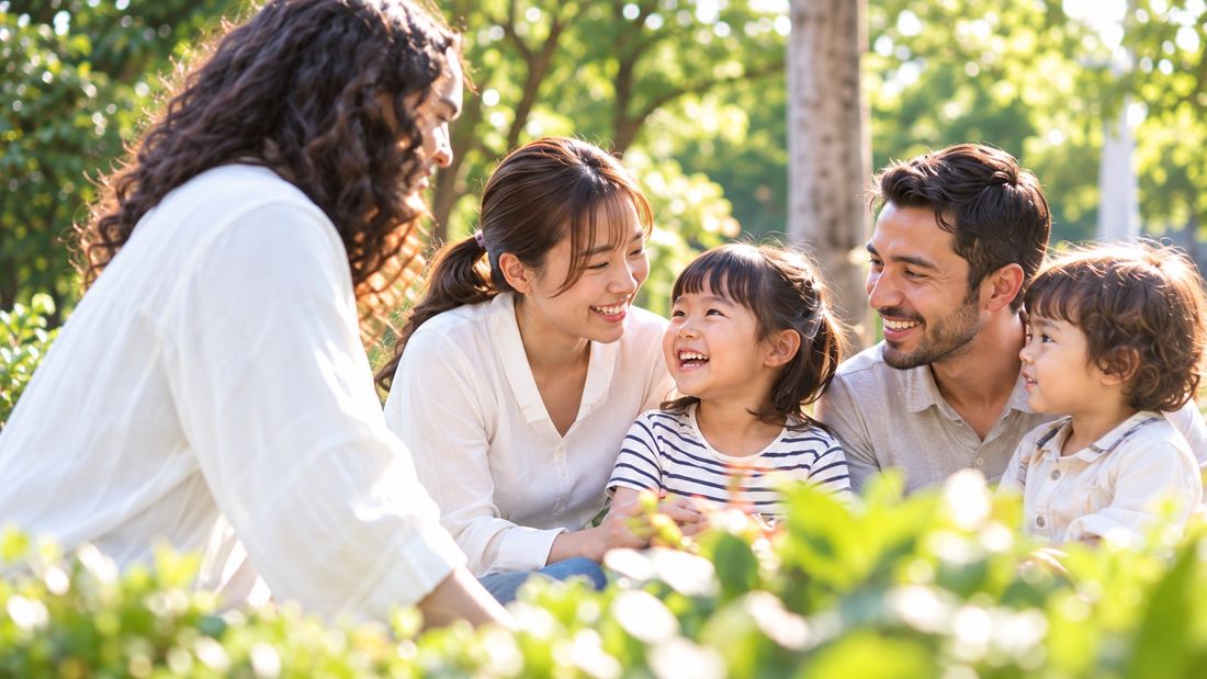公園の木かげで、海外出身のお父さんと日本人のお母さん、子どもたちが笑い合っている