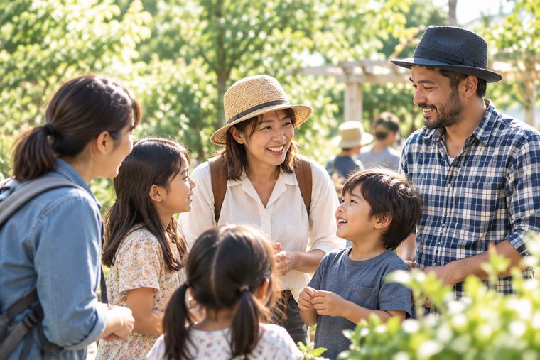 公園で話す地域の大人と子どもたち