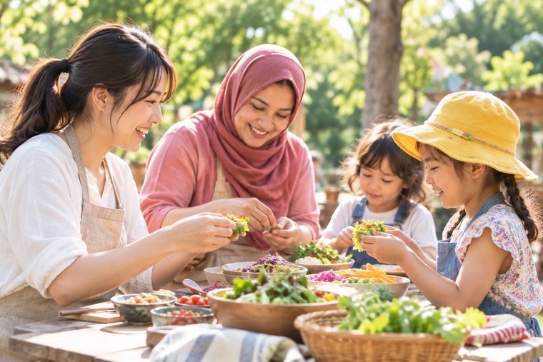 いろいろな国の大人と子どもが一緒に料理をしている