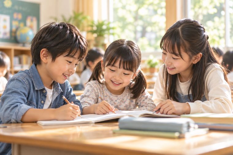机を囲んで勉強する子どもたち