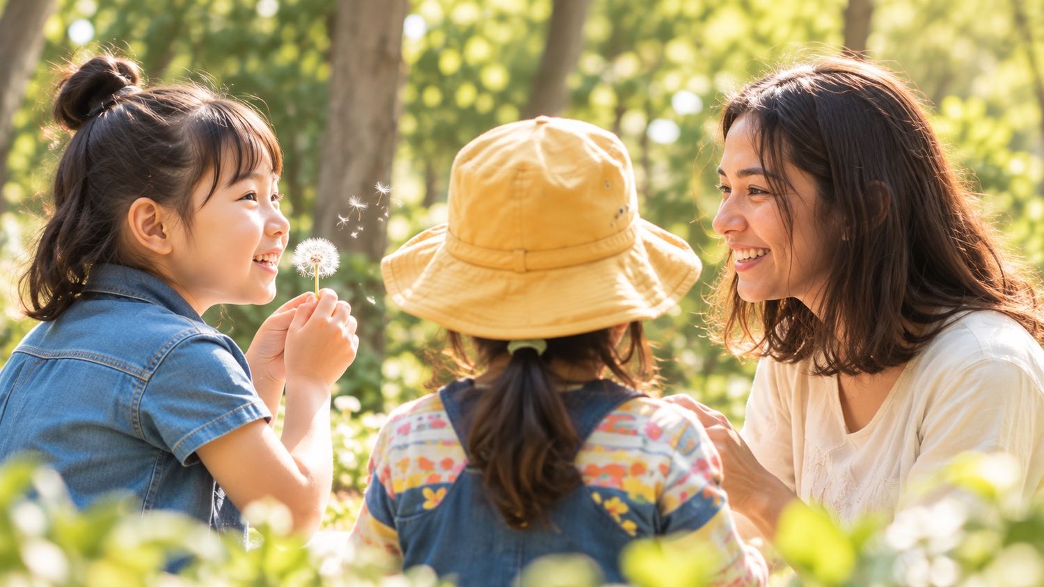 黄色い帽子の子どもと女性が、たんぽぽを吹く女の子と笑い合っている