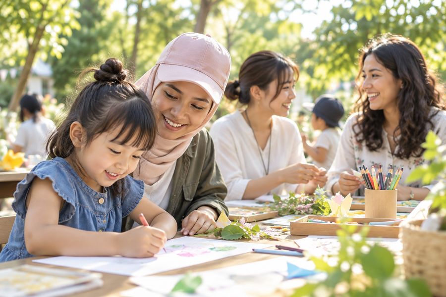 テーブルで絵をかく子どもと大人