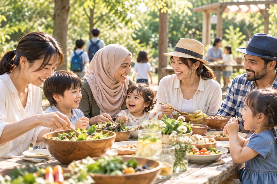 いろいろな国の家族が囲む屋外の食事