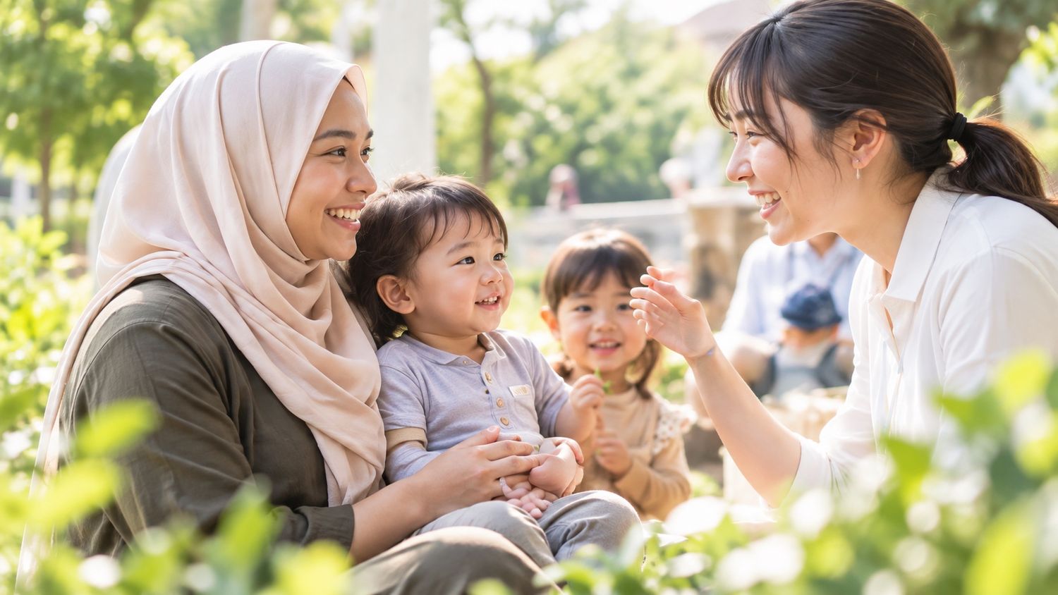 ヒジャブの女性と日本人の女性が、小さな子どもたちと笑顔で話している